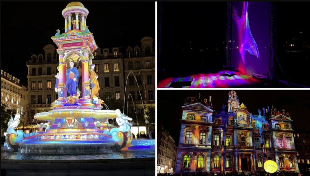 Fountain of Terreaux Square illuminated during Lyon’s Festival of Lights, symbolizing the city’s creative energy.