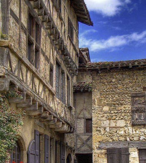 Stone facades and timber-framed houses in the historic village of Pérouges