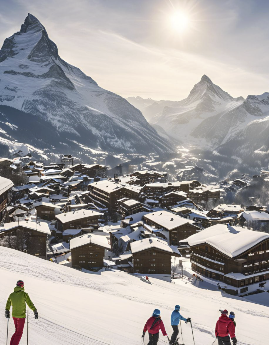 Skiers descending snowy slopes above a mountain village in the French Alps