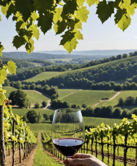 Hand holding a glass of red wine with a vineyard landscape in the background
